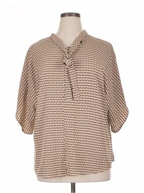 SHEIN Brown & Cream Houndstooth V-Neck Tie Blouse